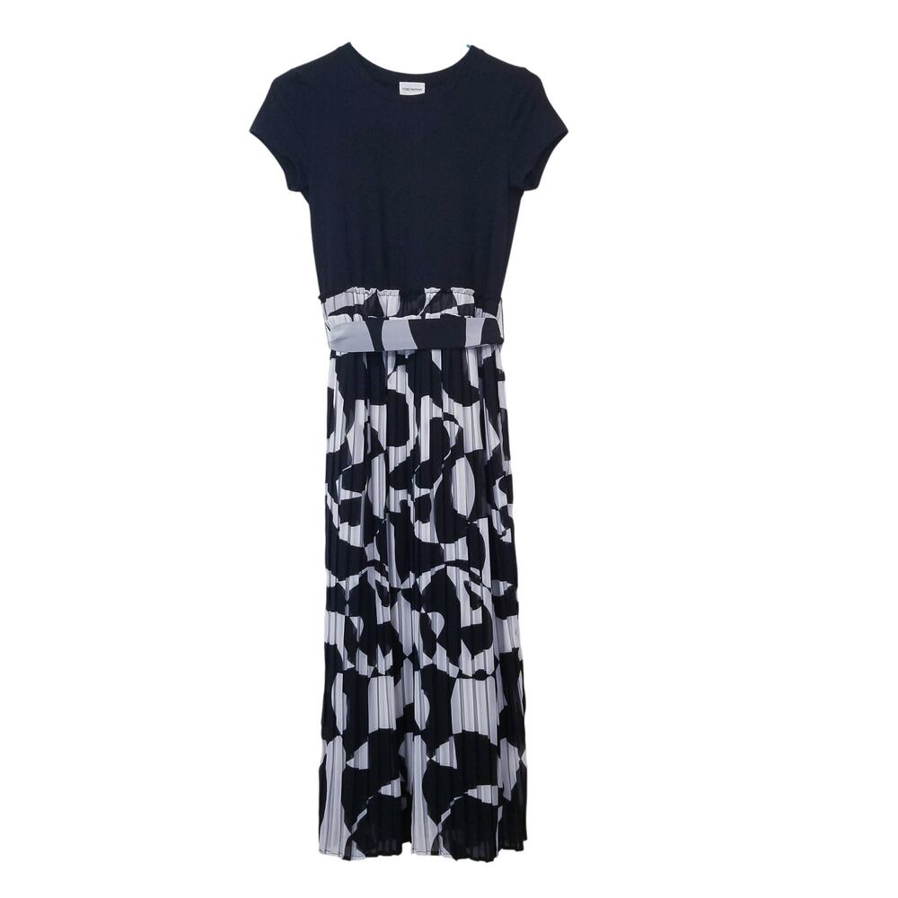ForCynthia Black & White Pleated Geometric Print Maxi Dress Crew Neck